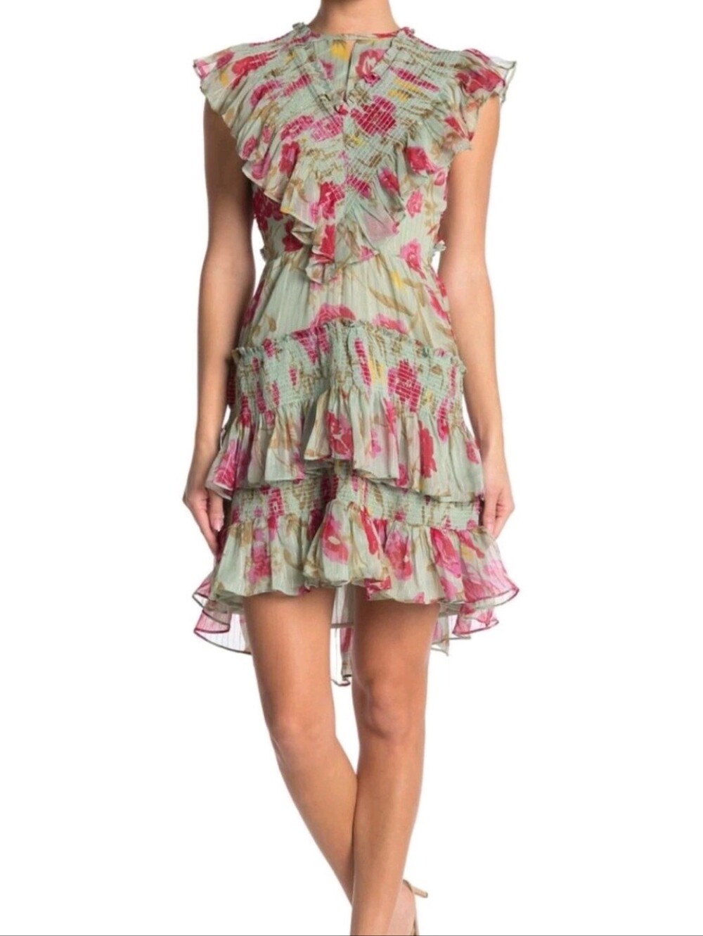 Walter Baker Dayna Floral Ruffle Tiered Mini Dress Pink & Green Size 6